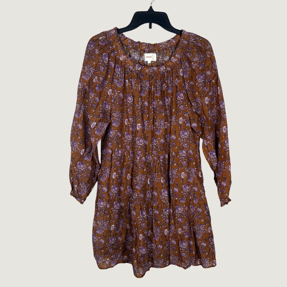 Xirena Floral‎ Dress Womens Small Brown Cotton Silk Tiered Mini Pockets Prairie
